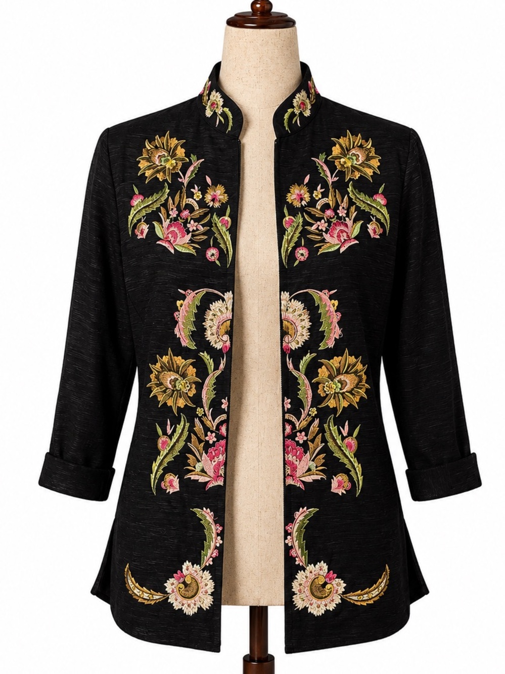 Saint Tropez embroidered sip symmetrical 3/4 sleeve jacket / top. S